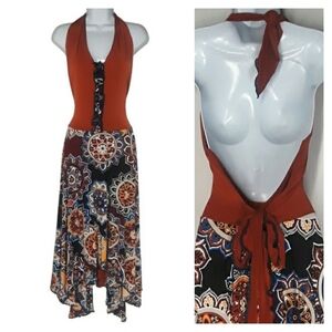 NEVA MARIE Rust Orange Blue Paisley Print Asymmetrical Hem Skirt Dress Large
